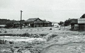 １９６０年のチリ地震で押し寄せた津波によって浸水した田辺市新庄町跡の浦（玉田伝一郎さん提供）
