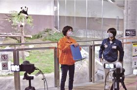 ジャイアントパンダ「彩浜」の前で子育てトークをする、山下博美さん（左）と飼育スタッフの水本育恵さん＝３日、和歌山県白浜町で
