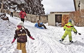「南国紀州の雪あそび」でそりやスキーを楽しむ参加者（２０２０年２月、田辺市龍神村龍神で）