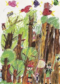 「わかやまの山村絵画コンクール」最優秀賞に選ばれた田辺市芳養小学校２年、寺坂凛桜さんの作品「山で虫とりをしたよ」
