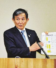 新型コロナウイルス感染症の医療体制強化のイメージを説明する仁坂吉伸知事（１２日、和歌山県庁で）