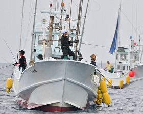 漁船からルアーで大物を狙う大会の参加者（５日、和歌山県串本町沖で）
