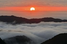 雲海の先に広がる太平洋から昇ってきた太陽（３日午前６時１６分、和歌山県古座川町峯から撮影）