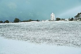 本州最南端にある望楼の芝も、うっすらと雪化粧して一面が白くなった（２５日午前７時ごろ、和歌山県串本町潮岬で）