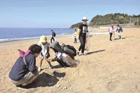 千里の浜でウミガメが産卵、ふ化した場所を見つける語り部と参加者（２日、和歌山県みなべ町山内で）