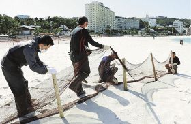 白良浜の防砂ネットを撤去する町職員ら（１４日、和歌山県白浜町で）