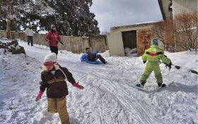 「南国紀州の雪あそび」でそりやスキーを楽しむ参加者（２０２０年２月、和歌山県田辺市龍神村龍神で）