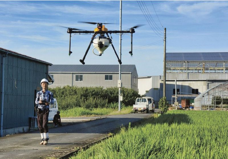 ドローンを使って消毒する「梅侍防除組合」のメンバー（和歌山県みなべ町山内で）