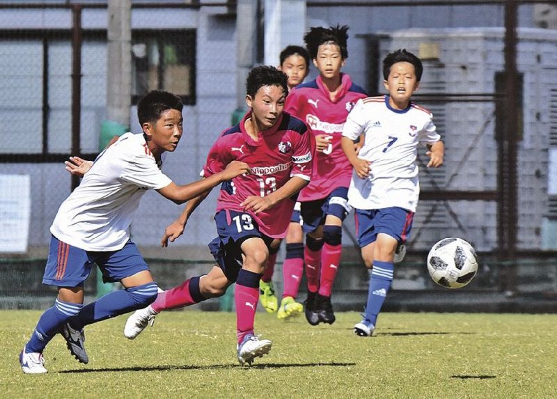 競り合うセレッソ大阪西とアルビレックス新潟の１３歳以下の選手（２３日、和歌山県上富田町朝来の上富田スポーツセンターで）