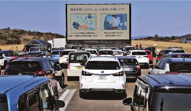 映画鑑賞のため、大型スクリーンの前に並ぶ車（２０日、和歌山県白浜町の旧南紀白浜空港跡地で）