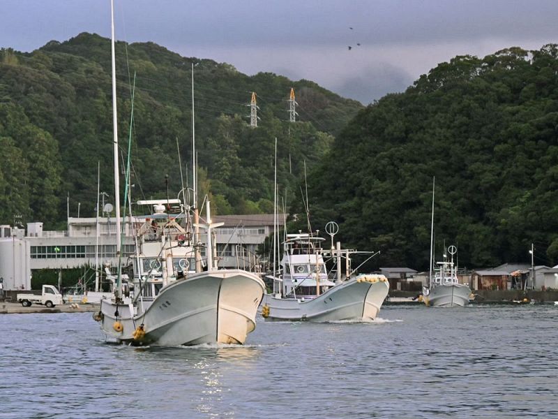 解禁された小型鯨類の追い込み網漁で、太地漁港を出港する漁船（１日、和歌山県太地町で）