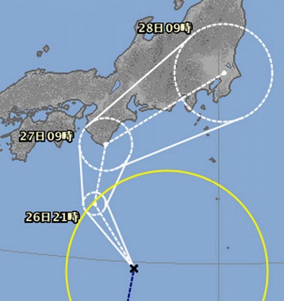 台風６号の進路予想図（２６日午前９時現在、気象庁ホームページより）