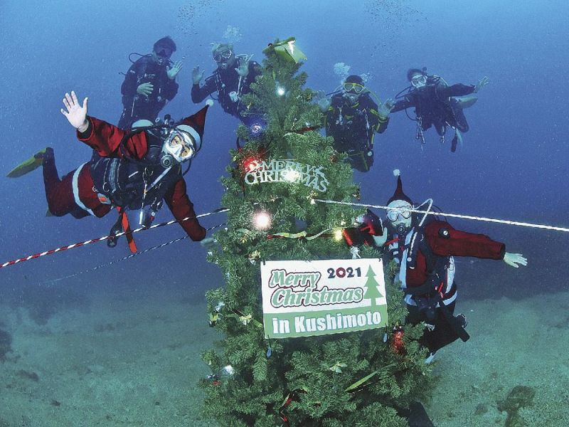 海底に設置されたクリスマスツリーと作業に取り組んだダイバーたち（１１月３０日、和歌山県串本町潮岬沖で）＝串本ダイビング事業組合提供