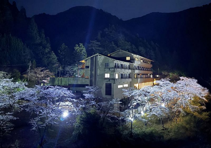 施設周囲で開花している桜をライトアップしている「季楽里龍神」（和歌山県田辺市龍神村龍神で）