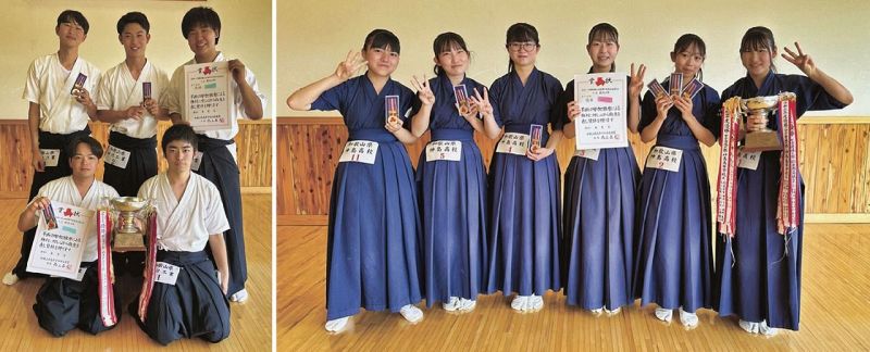 男子団体で優勝した田辺工業Ａ（左）、女子団体で優勝した神島Ａ（右）＝主催者提供