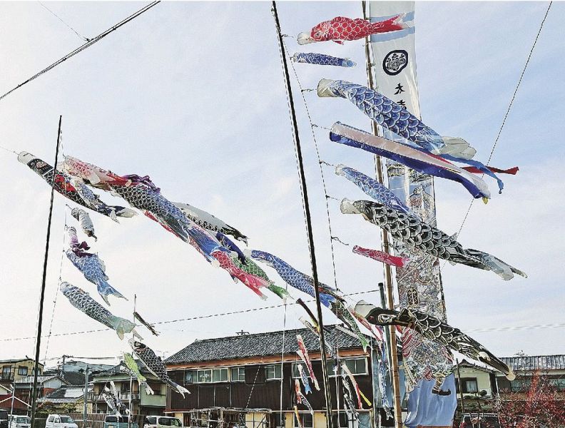 広場で優雅に泳ぐこいのぼり（３０日、和歌山県田辺市古尾で）