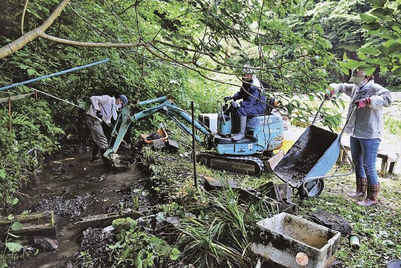 養殖池の泥をかき出すお宿の会のメンバー（田辺市龍神村小家で）