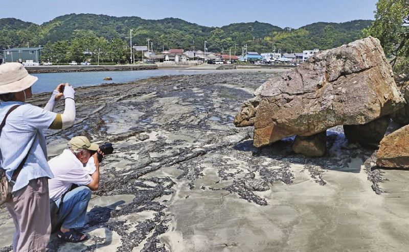 講師と一緒に奇岩を撮影する写真講座の受講生（左）＝１８日、和歌山県串本町くじの川で