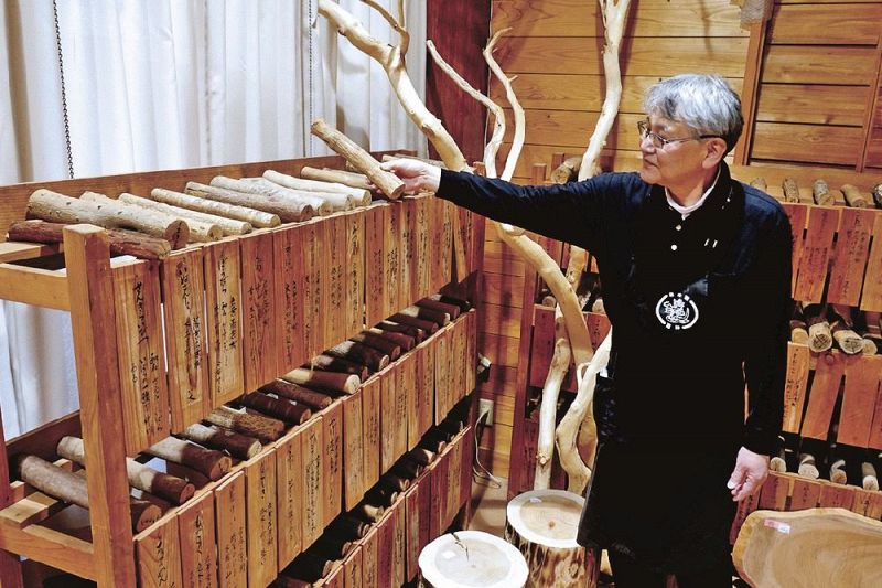 １本ずつ木の名前などを書いた標本コーナー（和歌山県田辺市龍神村龍神で）